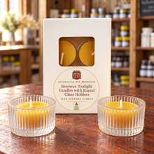 Load image into Gallery viewer, Beeswax Tealight Candles with Round Glass Holders — Australian Bee Products