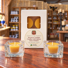 Load image into Gallery viewer, Beeswax Tealight Candles with Square Glass Holders — Australian Bee Products